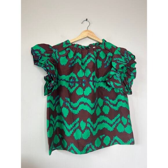 NEW Ulla Johnson Iren Abstract Silk Crew-Neck Ruffled Blouse Top - Picture 2 of 7